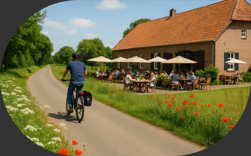 <p>Mei is gemaakt om te fietsen. De dagen zijn langer, het weer is vaak perfect en de natuur staat volop in bloei. En wat is er fijner dan onderweg even afstappen voor een kop koffie, een frisse lunch of een lokaal gebrouwen biertje op het terras?</p>
